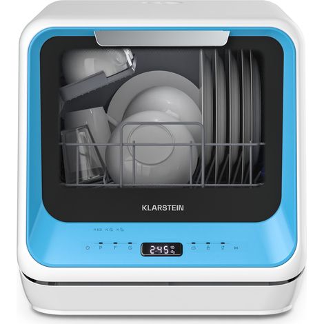 Klarstein Amazonia Mini Geschirrspüler Kompakte Tischspülmaschine mit Wassertank, 7 Programme, 5L, Digitalanzeige, Leise 58dB, Energieeffizienzklasse D, Tragbar für kleine Küchen & Reisen, Blau