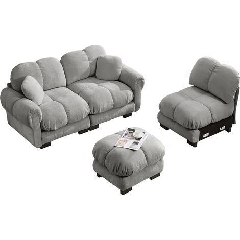 Divano angolare a L 3 posti in ciniglia grigio chiaro con pouf mobile e 2 cuscini (1/5)