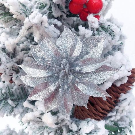 Lot de 10 doubles fleurs de Noël artificielles en tissu doré, roses scintillantes, décoration pour arbre de Noël rose et blanc (1/5)
