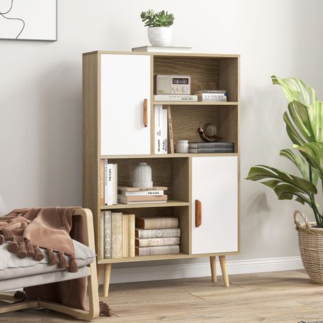 Skandinavisches Bücherregal mit 4 Nischen und 2 Schränken mit Einlegeböden, Maße 80 x 24 x 123 cm (L x B x H). Schräge, sich verjüngende Beine. Massive Eiche.