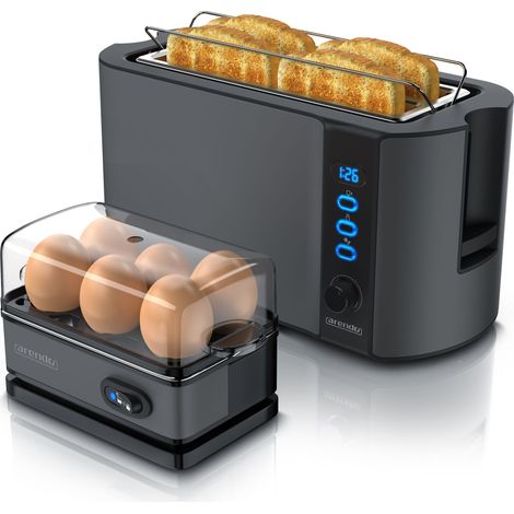 Arendo 2-teiliges Frühstücksset - 4-Scheiben Langschlitz Toaster, 6er Eierkocher, Grau (1/5)