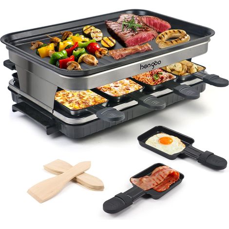 Appareil a Raclette 8 Personnes, Machine a Raclette avec 8 Poêlons, 1500W Machine a raclette et appareil raclette avec plaque antiadhesive, 8 poelons, 4 spatules en bois et thermostat reglable (1/5)
