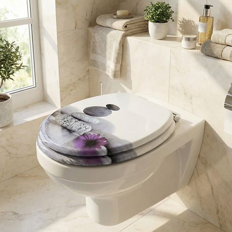 Abattant WC antibactérien de haute qualité, robuste, avec descente automatique, motif galets et fleurs lilas (1/5)