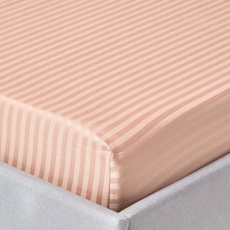 HOMESCAPES Taupe Beige Egyptian Cotton Satin Stripe Fitted Sheet 330 Thread Count, Small Double - Beige