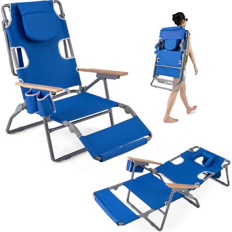 COSTWAY 3-IN-1 Foldable Beach Chair Lay-Flat Tanning Chair w/ Face Hole-Navy (1/5)