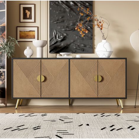 Aparador de 160 cm con 4 puertas, gran capacidad y diseño negro con acabado madera oscura, tiradores dorados cepillados y patas brillo, ideal para salón o comedor - CHICFURN (1/5)