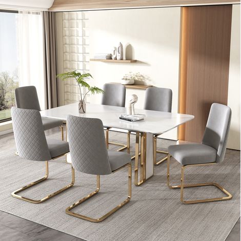 Set di 6 sedie da pranzo in velluto grigio con schienale a ромbi e gambe in metallo,45×42×88cm (1/5)
