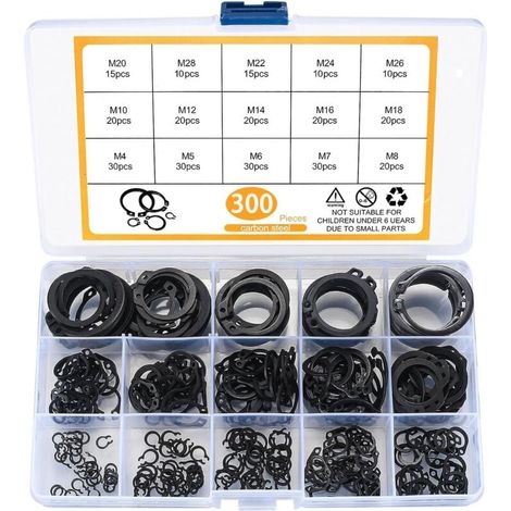 300 Pièces E-clips Kit Anneau de Retenue Externe, Assortiment Circlips Snap, Bagues d'arrêt Circlips, M4-M28 (1/4)