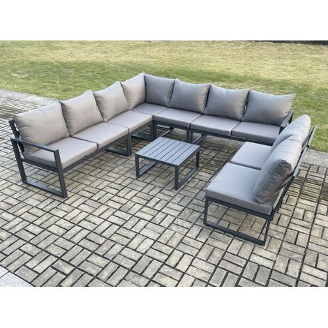 Fimous 9 Seater Patio Outdoor Garden Furniture Aluminium Lounge Corner Sofa Set with Square Coffee Table Dark Grey (1/5)