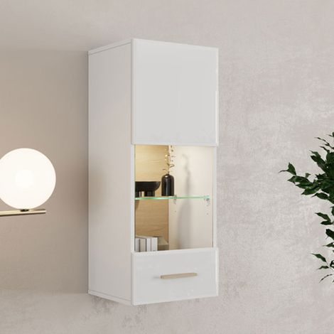 Mobile Pensile Gonnes, 2 Ripiani, Un'anta, Anta e Ripiano Dettaglio Vetro, 39x96h cm Bianco Opaco (1/5)