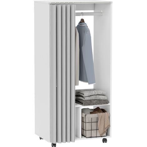 Homcom – Armoire penderie ouverte avec rideau – 4 roulettes – Tringle 56 cm – Compartiments pour chaussures – Dimensions 60 x 40 x 128 cm – Blanc (1/5)