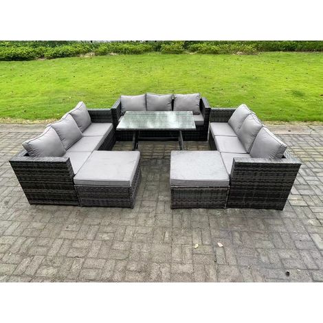 Fimous 11 Seater Wicker PE Rattan Outdoor Furniture Lounge Sofa Garden Dining Set with Dining Table 2 Big Footstools Dark Grey Mixed (1/5)