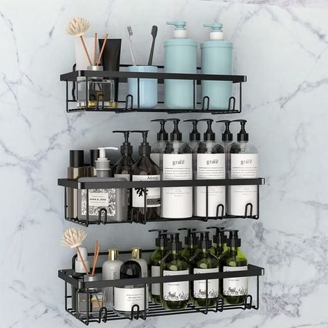 Duschablage ohne Bohren, 3er-Pack Wandregal für Badezimmer, Hängeablage für Dusche und WC, Schwarzes Zubehör (1/4)