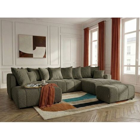 BOBOCHIC - Canapé panoramique convertible ROXELANE tissu bouclette avec pouf Angle droit  Vert (1/4)