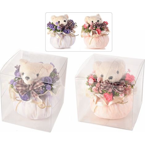 Sacchetti in organza con orsetti di peluche, fiori artificiali e nastrini, in scatolina trasparente in pvc, set da 4 pezzi, Ø 9,5 cm x 10 H