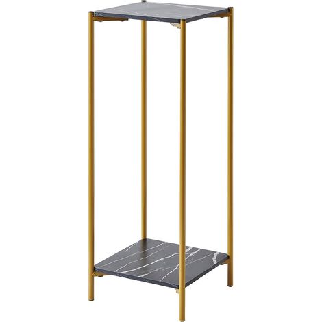 Tall Table with 2 Tiers, Square End Table Sofa Side Table, 90cm Plant Stand Indoor Plant Holder, with White Marble Texture (Black) (1/5)