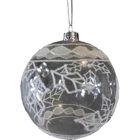 Sfera di vetro trasparente con decorazioni opalescenti bianche e pezzi di vetro