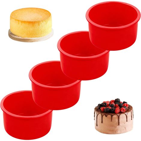Lot de 4 moules à gâteau ronds en silicone de 10 cm, antiadhésifs et démoulage facile, pour cuisson gâteaux, pain et pâtisserie (rou (1/5)