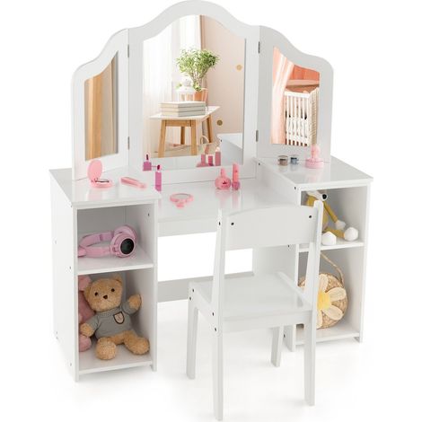 Kids Vanity Makeup Dressing Table & Chair Set Tri-Folding Mirror 4 Open Storage (1/5)