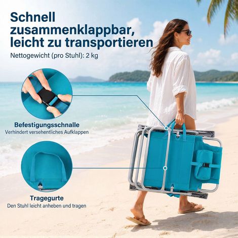 Folding Beach Chair Set, Adjustable Recline, Turquoise (1/5)
