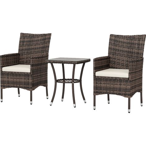 2 Seat Twin Rattan Bistro Chair Table Set Brown (1/5)