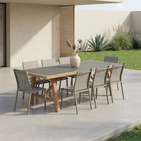 Table de jardin bois d'acacia et aluminium + 8 assises kaki - Eldora + Buffalo (1/5)
