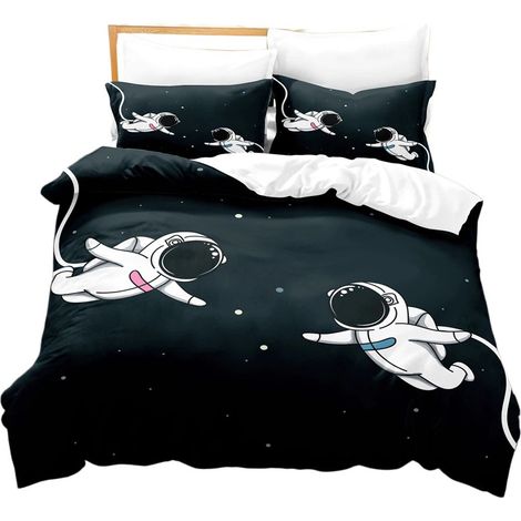 Housse de couette 200x200 cm avec 2 taies d'oreiller, microfibre, motif espace dessin animé, parure de lit enfant. Housse de couette 150x200 cm, taie d'oreiller 50x75 cm. (1/5)