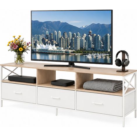 Relaxdays mueble bajo TV blanco con cajones de tela, MDF y metal, almacenaje multimedia, 50 x 170 x 40 cm (1/5)