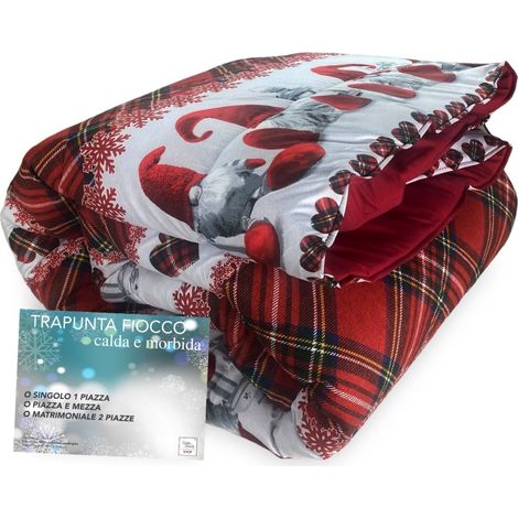 Tex Family – Couette d'hiver 2 places 170x260 cm – Rembourrage polyester hypoallergénique 300 gr/m² – Design elfes rouges et flocons de neige