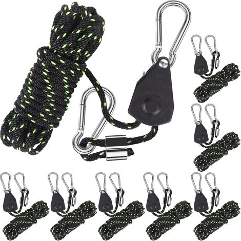 Juego de 8 cuerdas de tensión reflectantes de 3 mm (1/8"), con mosquetones y trinquetes ajustables, para toldos/tiendas de campaña. (1/4)