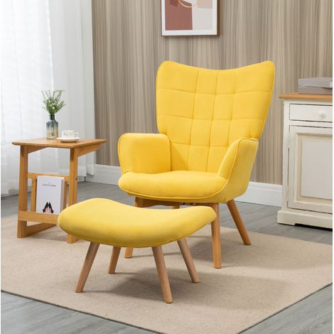 Ohrensessel mit Hocker 72x80x101 cm gelb aus Polyester mit Buchenholzbeinen und getuftetem Design (1/5)