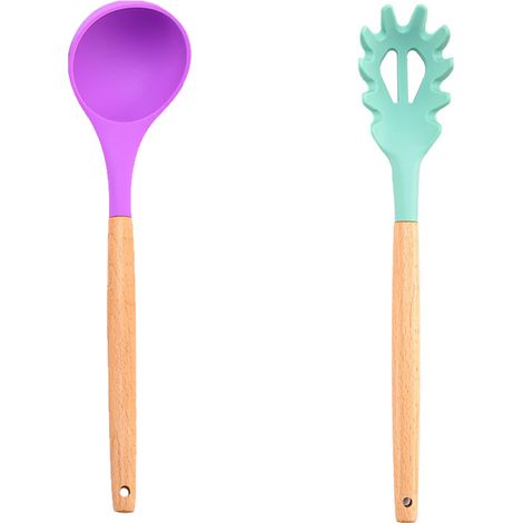 Ensemble Ustensiles Cuisine Silicone - Poignées En Bois Résistant Chaleur - Pour Casseroles Antiadhésives - Lot De 2 Pièces (1/5)