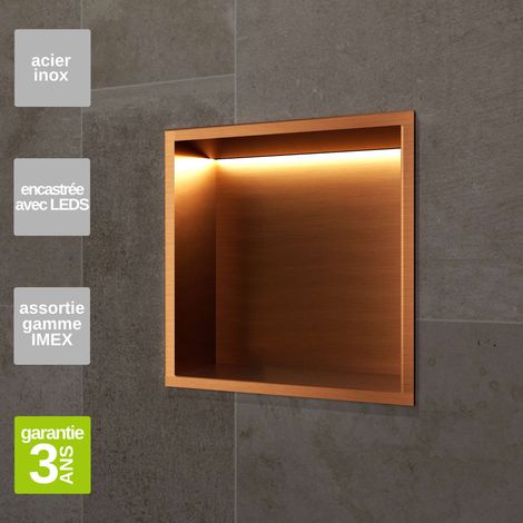 Niche de Douche Mural Éclairage Led 33 x 33 cm - Rangement Salle de Bain en finition Cuivré - INDIC