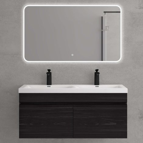 Mai & Mai Meuble de Salle de Bain Noir Texturé avec Lavabo et Miroir Meuble sous Vasque 120x48x55cm Meuble Suspendu avec 2 Tiroirs (1/5)