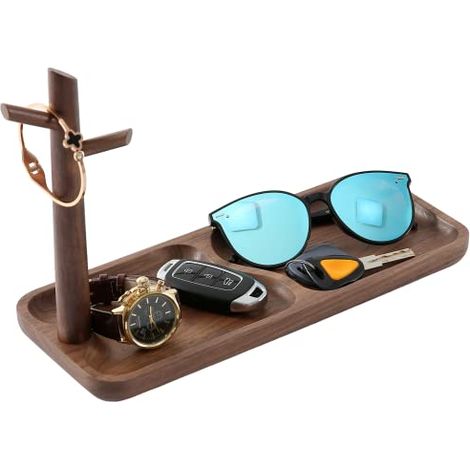 Schlüsselablage aus Holz für Beistelltisch, Schmuckablage, Ablage mit 3 Haken zum Aufhängen von Ringen, Handy, Armbändern und Uhren (Walnussholz) (1/5)
