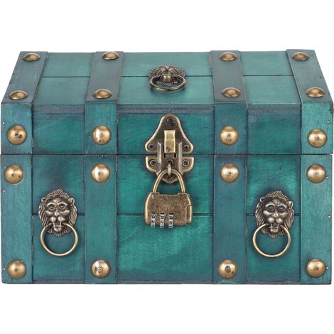 Coffre au trésor en bois artisanal avec cadenas à combinaison, boîte de rangement pour bijoux, couleur vert, coffret décoratif verrouillé (1/5)