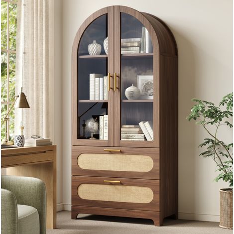 Vitrine 80x40x175 cm Holzoptik MDF mit Glastüren, 2 Schubladen und verstellbaren Böden (1/5)