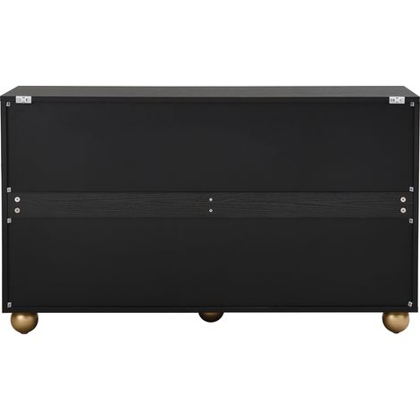 Aparador negro de MDF con cuatro puertas talladas, estantes ajustables y patas esféricas (1/5)