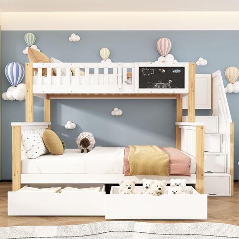 Lit enfant superposé 2 places, lit gigogne multifonction avec tableau intégré et tiroirs de rangement, sans matelas, couleur blanc + chêne clair, dimensions 90x200 et 140x200