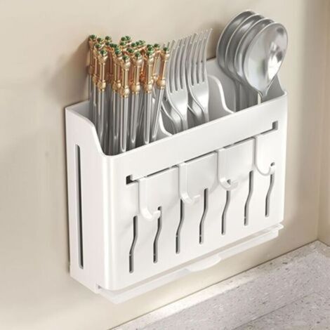 Porte-ustensiles mural, organisateur de rangement suspendu avec crochets, porte-couteaux, porte-baguettes, porte-couverts, porte-fourchettes, blanc