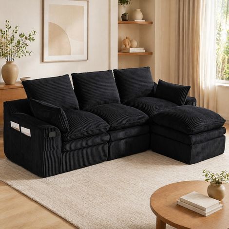 3-Sitzer Sofa Cord Schwarz 263x167x85 cm, modular mit Hocker, inklusive Kissen und Seitentaschen (1/5)