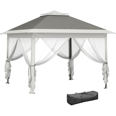 Gazebo da esterno regolabile in altezza con zanzariera, realizzato in metallo e tessuto Oxford, 3,3 x 3,3 x 2,8 m, grigio scuro.