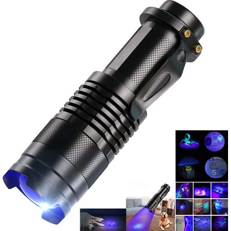 Mini linterna LED UV de 395 nm, luz negra, longitud de onda, luz violeta, con zoom, detector de orina de mascotas, detector de escorpiones, higiene femenina.
