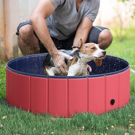 Baignoire pour chien pliable, diamètre 100 cm, piscine à patauge en plastique et bois pour chiens et chats, hauteur 30 cm, rouge