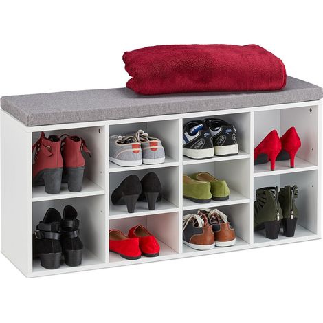 Relaxdays Schuhbank mit Sitzfläche, 10 Fächer, HBT: 52,5 x 104 x 30 cm, Garderobenbank, gepolsterte Sitzbank Flur, weiß