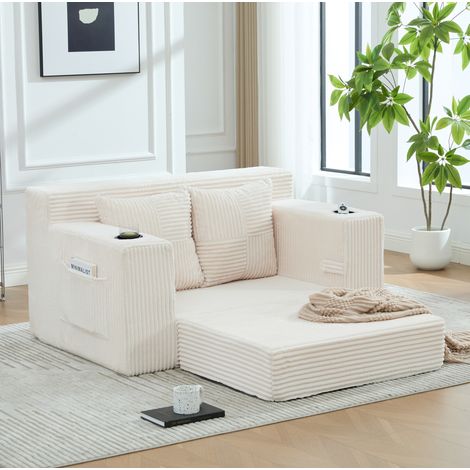 Pouf Sofa 151x133x64 cm, mit Seitentaschen und zwei Kissen, Cord, Beige (1/5)