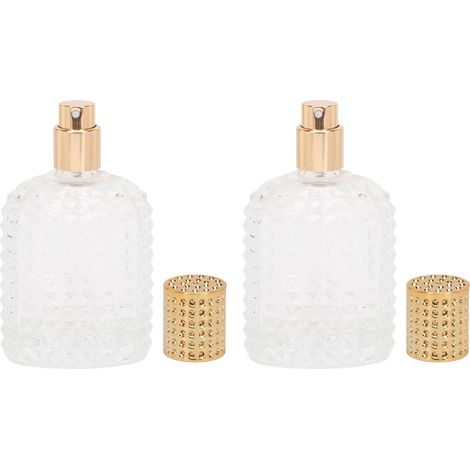 Lot de 2 flacons vaporisateurs de parfum en verre transparent rechargeables et vides, 50 ml, couleur or, parfaits pour les voyages. (1/5)