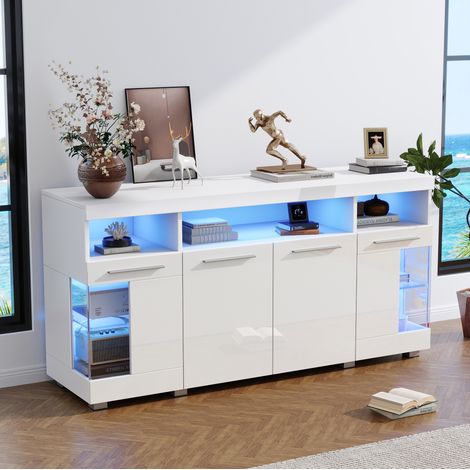 Meuble rangement salon LED 140 cm MDF blanc vitré design OKMYHOME (1/5)