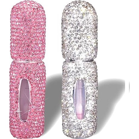 Atomizzatori di profumo, 5 ml ciascuno, set da 2, bianco e rosa, decorati con strass scintillanti, vaporizzatore fine da viaggio, vaporizzatore ricaricabile (1/5)