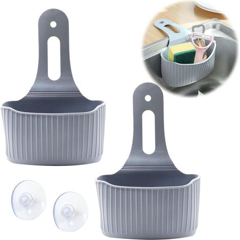 Suspendu étagère Vidange évier Porte - Passoire Stockage Organisateur Panier Rangement en Plastique pour Cuisine Fruits Légumes Alimentaires éponge Brosse, 2 Pièces, Gris (1/5)